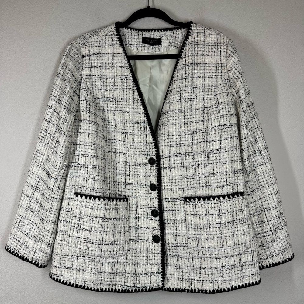 Talbots Tipped Tweed Blazer Jacket White Black Old Money Career Plus Size 16